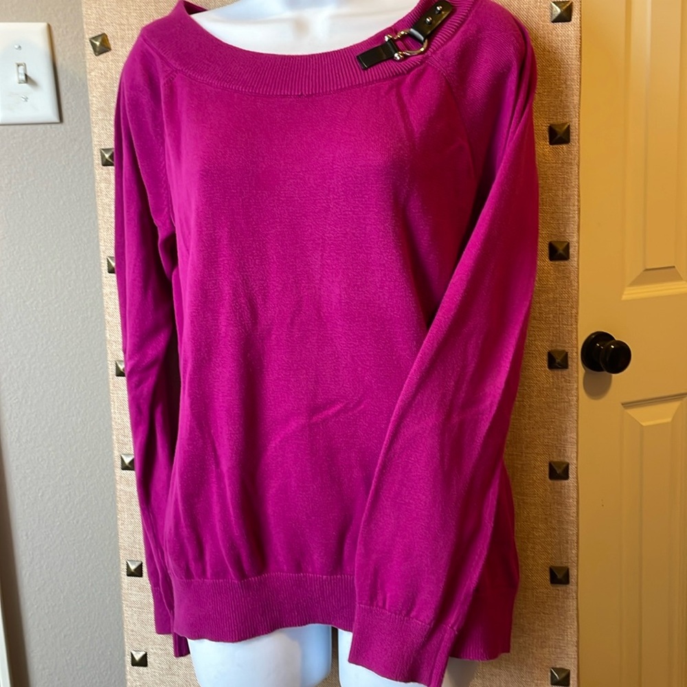 Lauren Ralph Lauren Fuchsia Sweater with Black Leather Accent Size L
